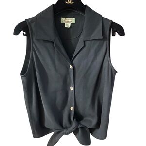 Tommy Bahama Silk Black Sleeveless Tie-Front Button Down Top Size XS